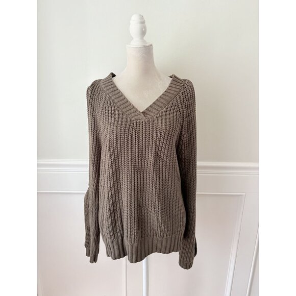 Chunky Knit Olive Sweater With Open Sleeves Size L - Picture 1 of 4